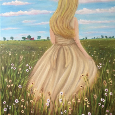 Original oil painting girl with long hair in field