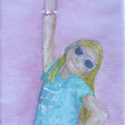 Oil painting of girl with sunglasses pink background