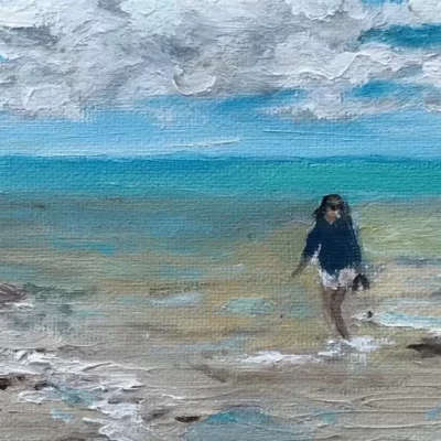 beach scene oil painting with person walking