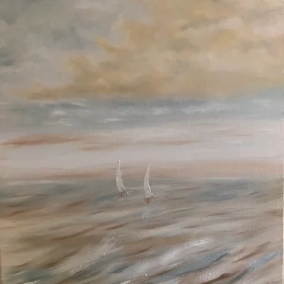 Oil painting of 2 sail boats on water with a cloudy sky