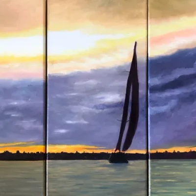 Sail boat on the water at sunset 3 paintings together