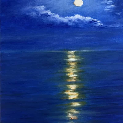Oil painting of ocean and moon light reflecting on the water